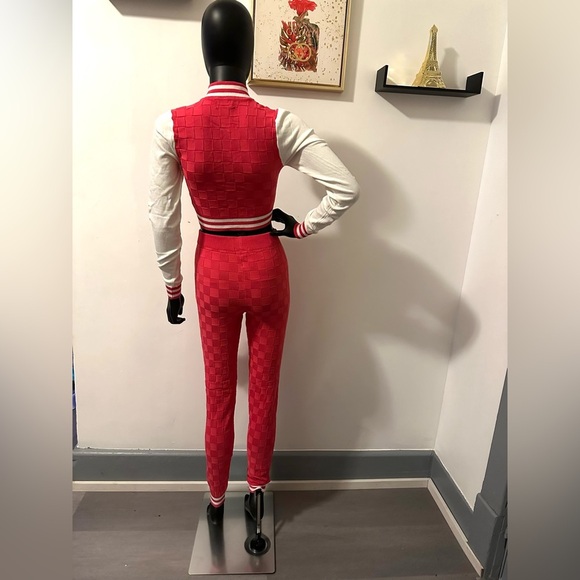 Raspberry Two Piece Varsity Knit Jacket High Waisted Knit Leggings Set - Picture 7 of 13